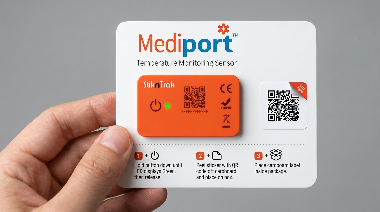 Front of the Mediport-branded card showing the orange StiknSense device with its button and status LED clearly visible