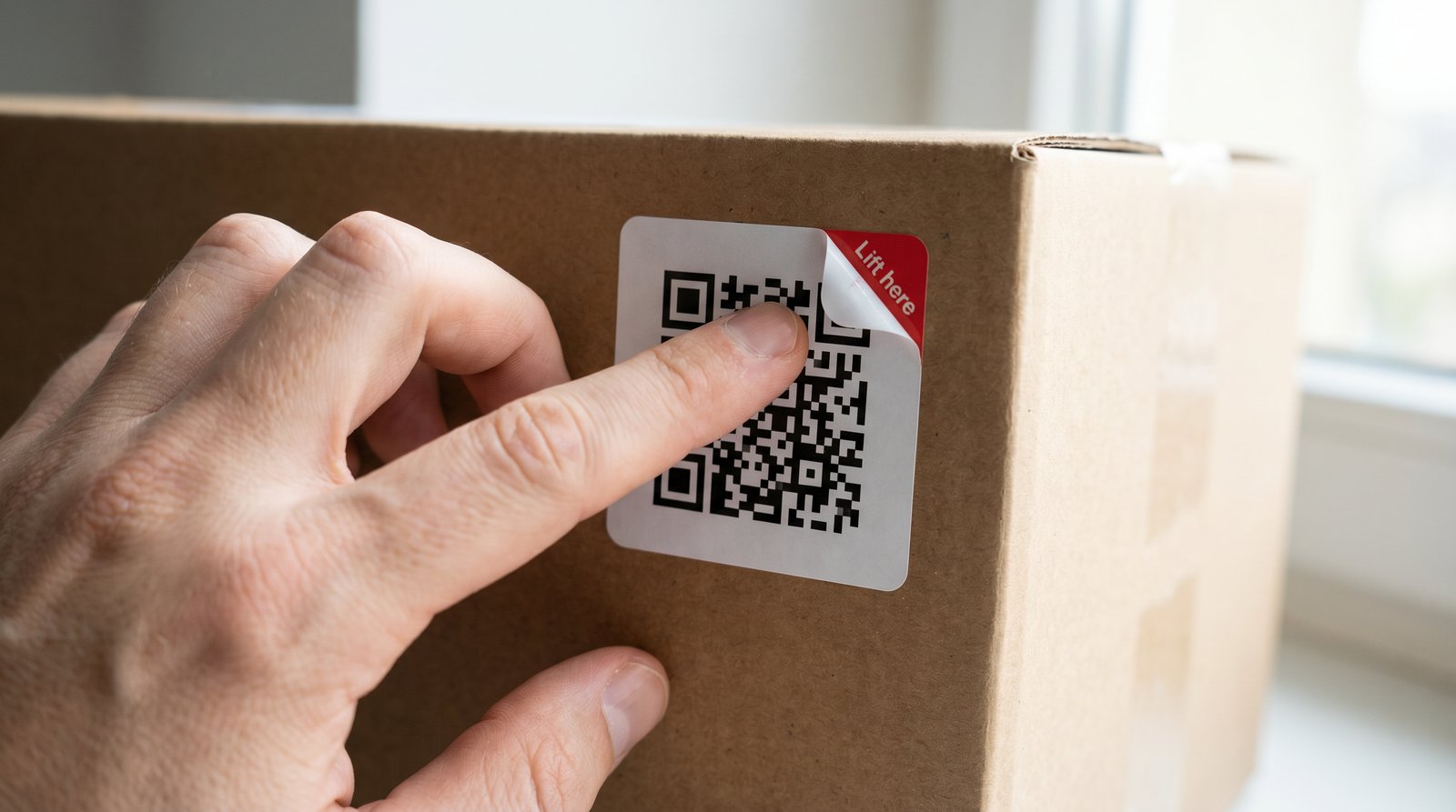 Fingertips pressing the QR sticker onto the outside of a brown cardboard shipping box
