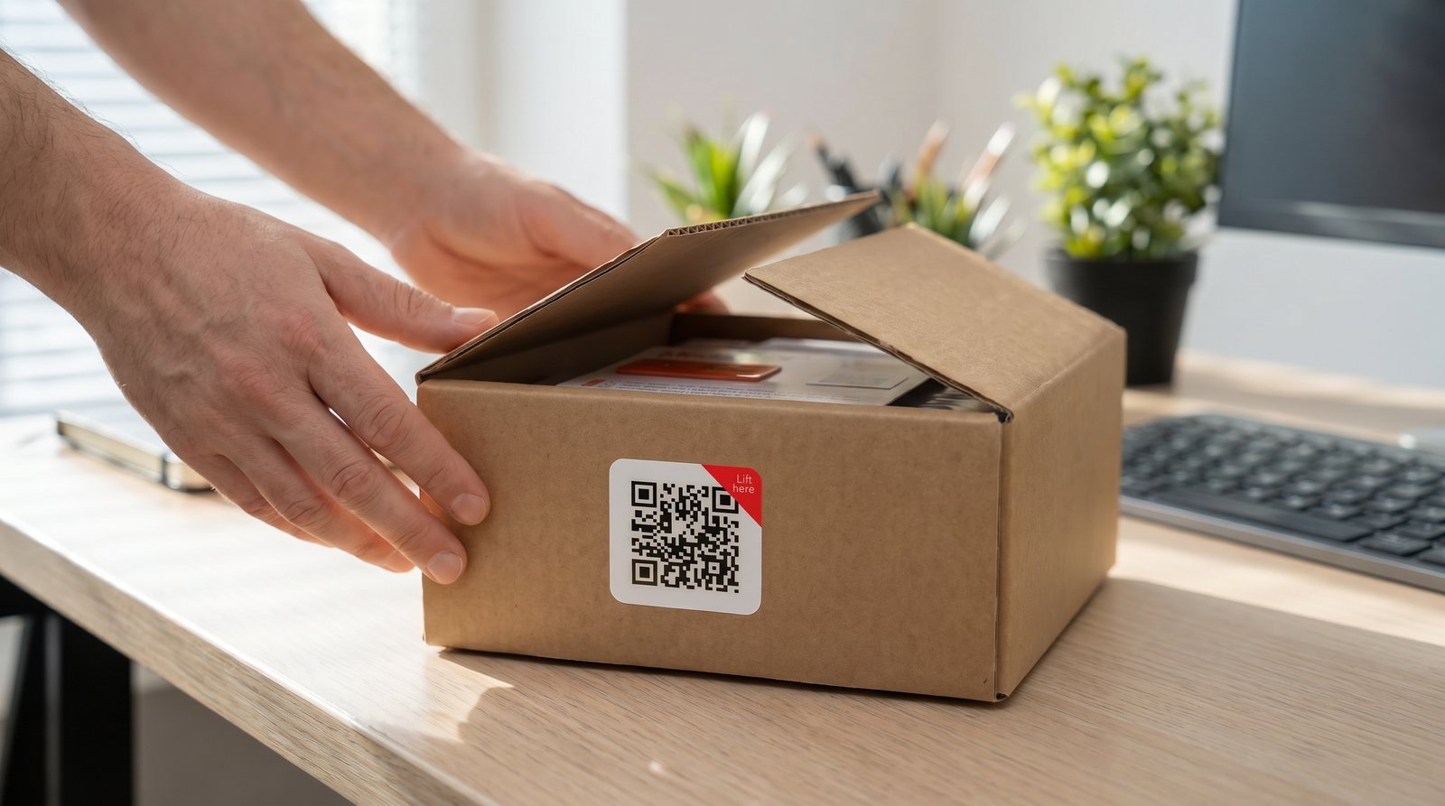 Hands opening the flaps of the shipping box on a wooden table on receipt of the package, ready to long-press the StiknSense button to stop recording