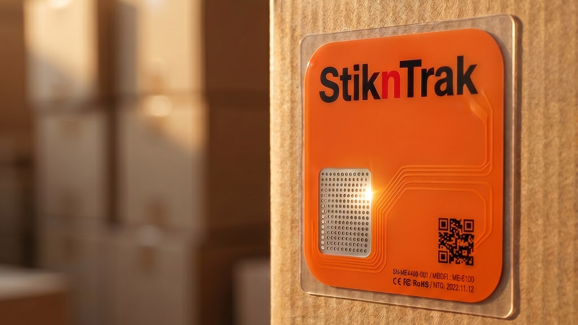 Macro photograph of an orange StiknTrak ultra-thin smart label adhered to a corrugated shipping carton, with a softly defocused warehouse of stacked cartons in the background