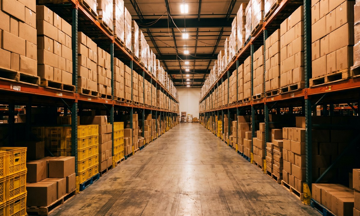 Warehouse aisle with palletised goods stretching to the back of frame