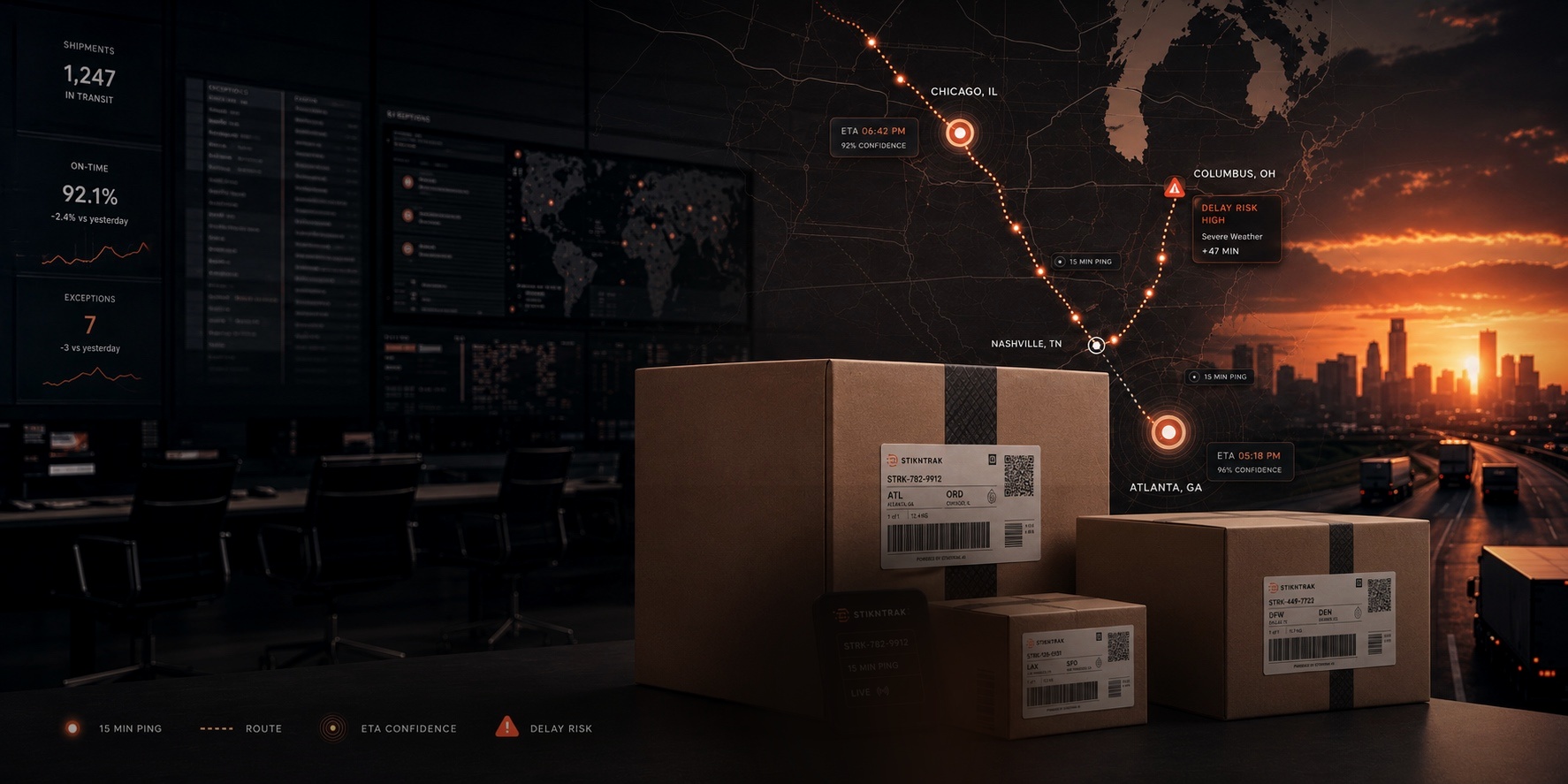 StiknTrak predictive ETA hero showing packages, route intelligence and delay-risk signals