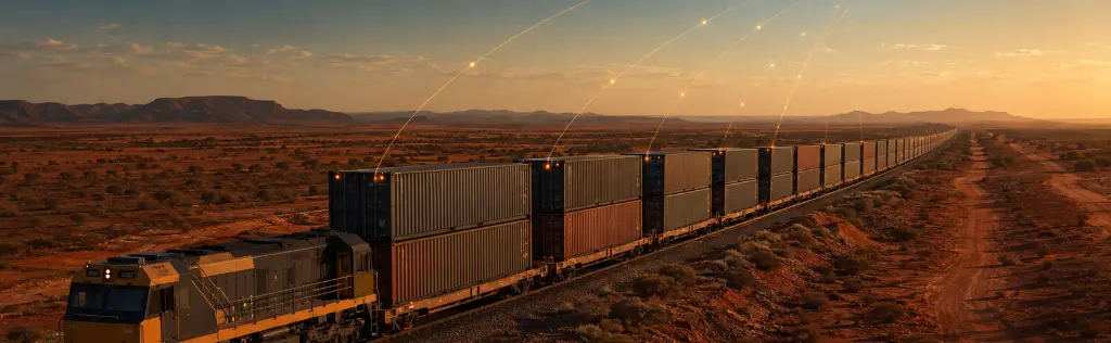 Intermodal freight train travelling through a remote Australian transport corridor
