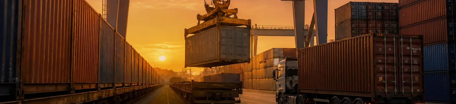 Shipping containers moving through an intermodal terminal