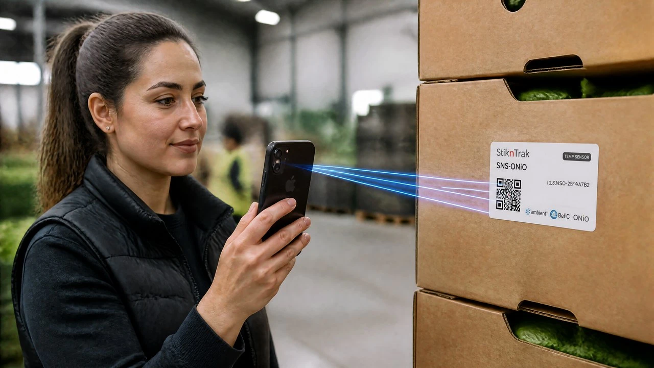 Brochure illustration of a phone scanning an SNS-ONiO label on fresh-produce cartons