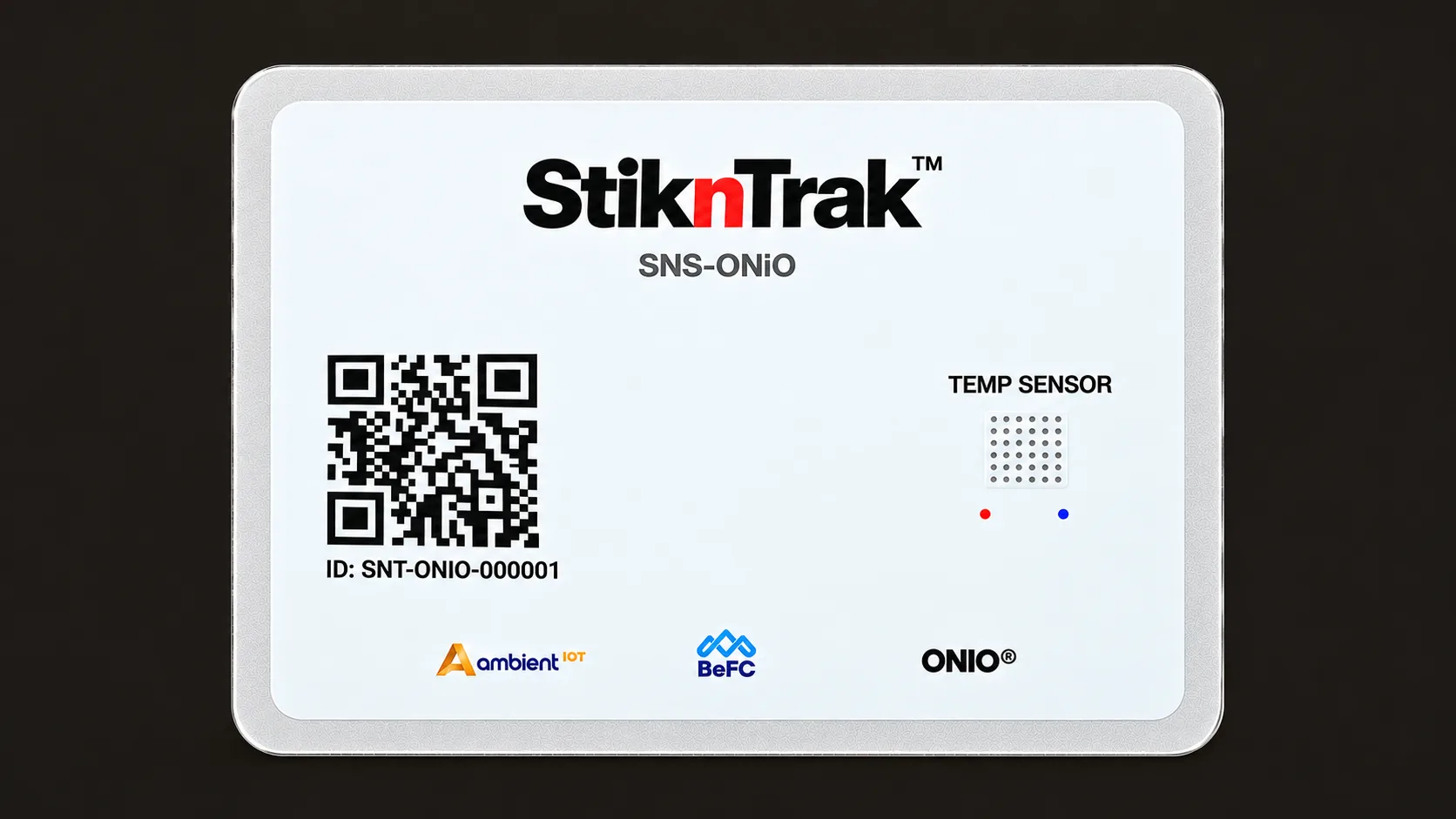 White StiknTrak SNS-ONiO temperature label carrying the BeFC supplier logo