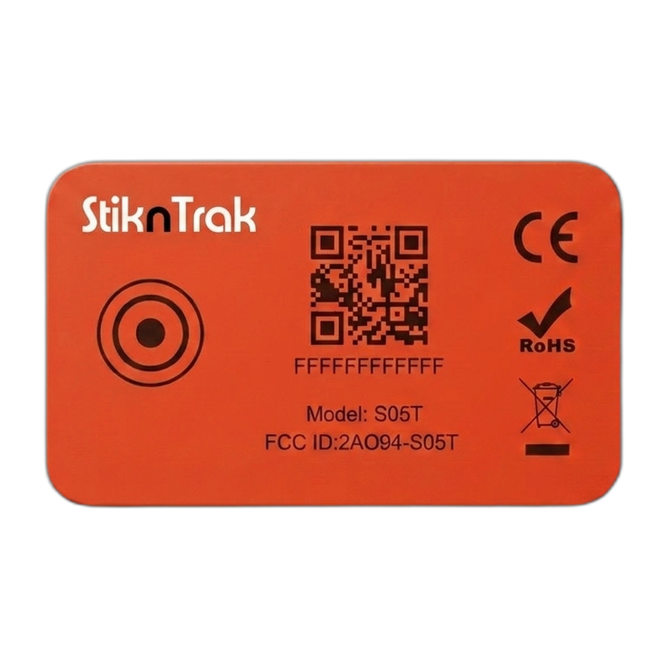 SNS-S05T top view showing button, QR code and StiknTrak branding
