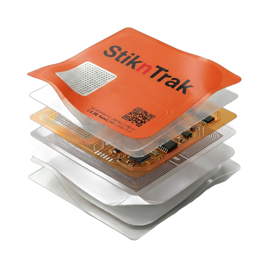 SNT-UF101 exploded view showing the orange PET front cover, copper flexible PCB with RFID coil and components, and adhesive backing layers