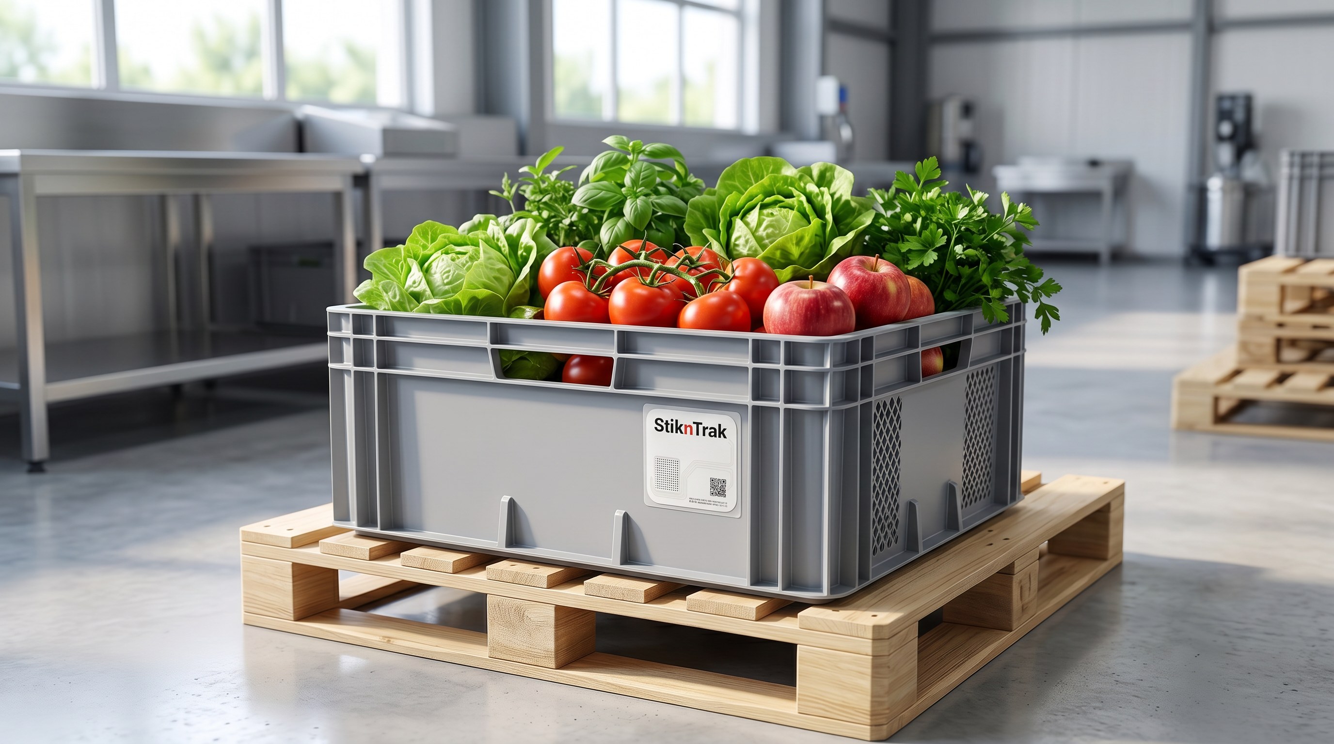 StiknTrak SNT-UF101 paper tag adhered to a grey returnable transport item filled with fresh produce — tomatoes, lettuce, apples and herbs — on a wooden pallet in a cold-chain packhouse