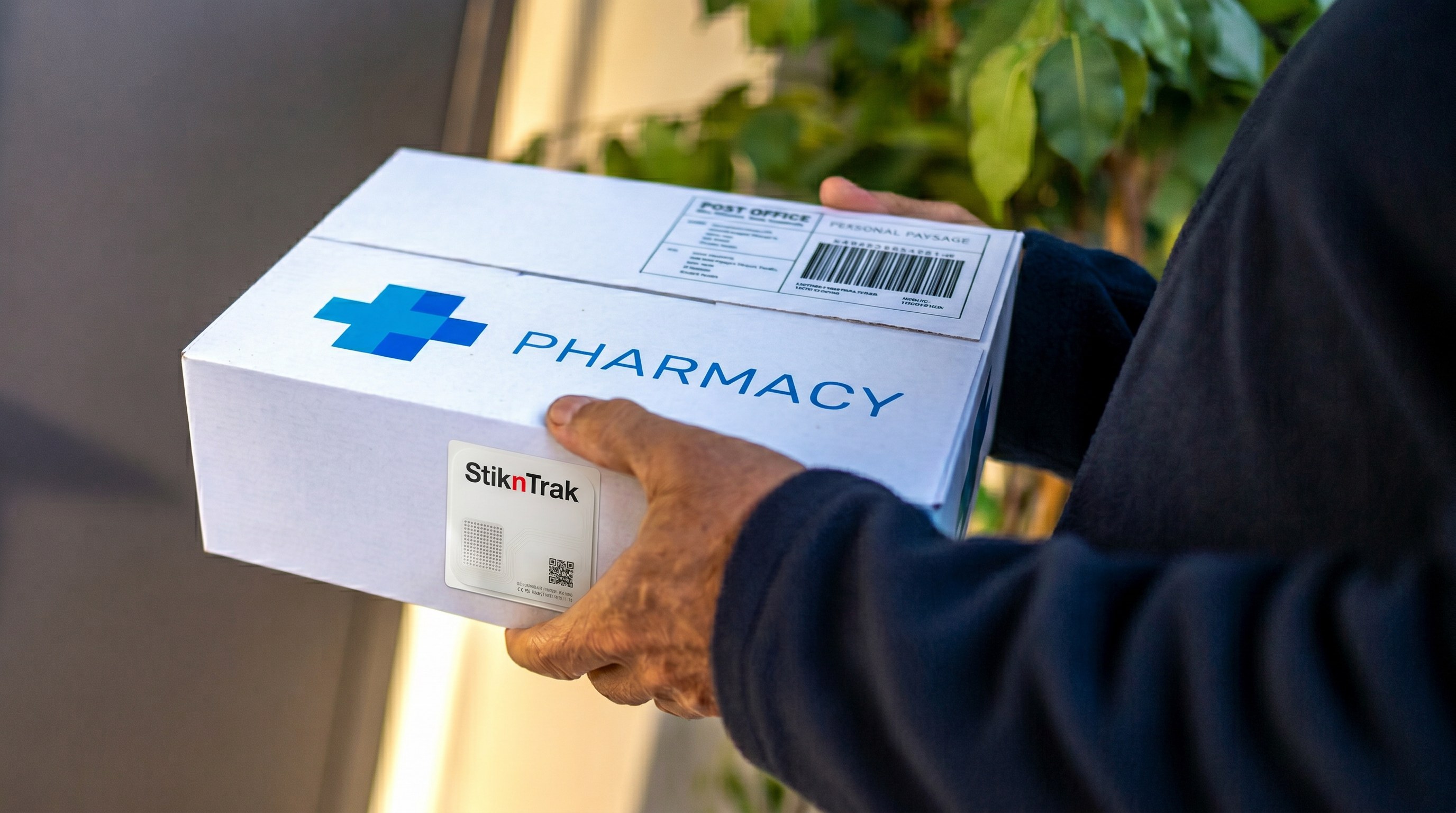 StiknTrak SNT-UF101 paper tag adhered to a white pharmacy delivery box being handed to a customer by a courier