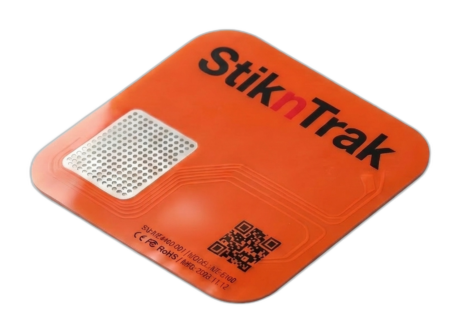 StiknTrak SNT-UF101 ultra-thin flat paper tag with orange PET cover, StiknTrak wordmark, perforated sensor window and QR code