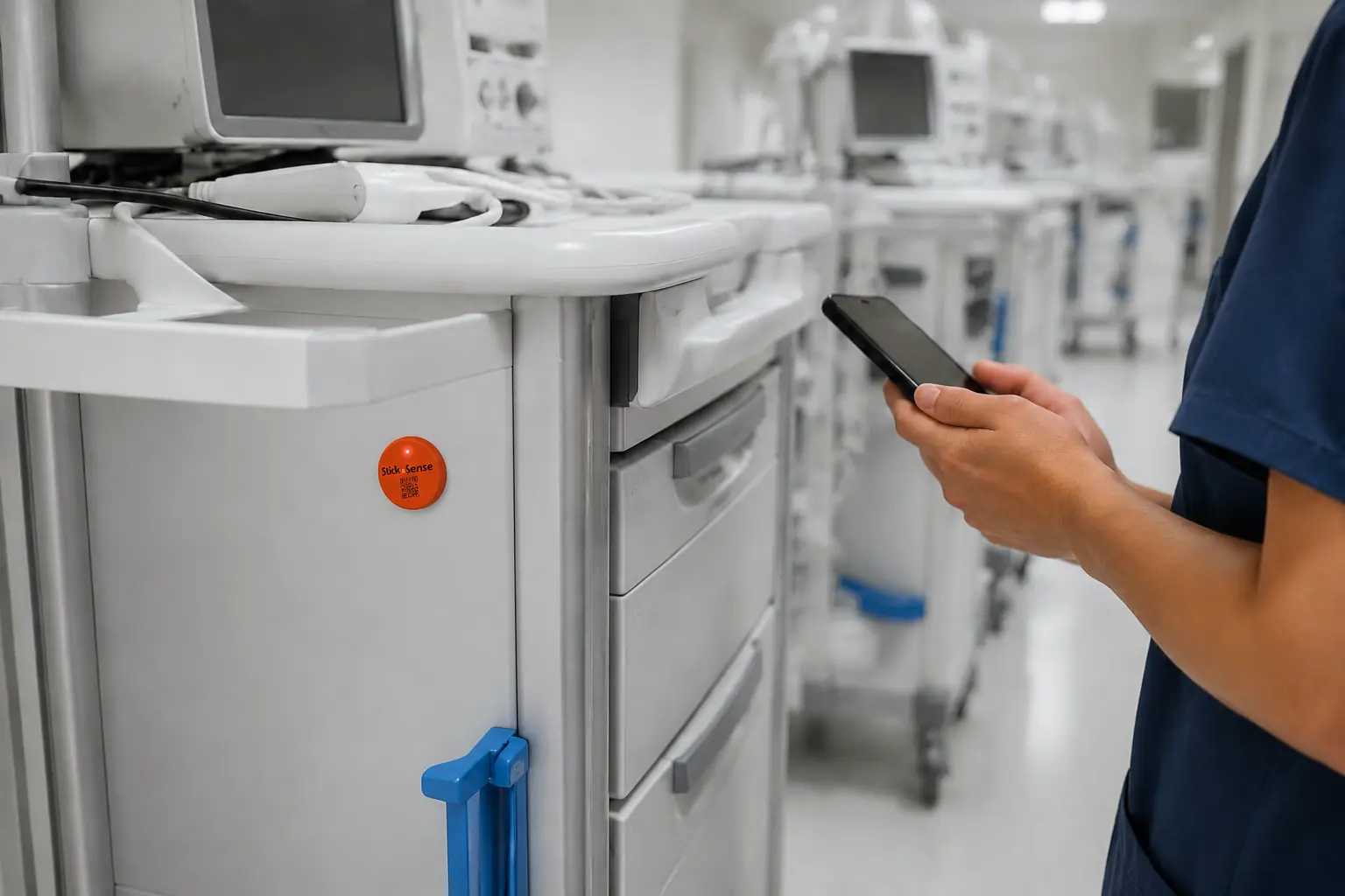StiknLocate LED tag helping a healthcare worker locate hospital equipment