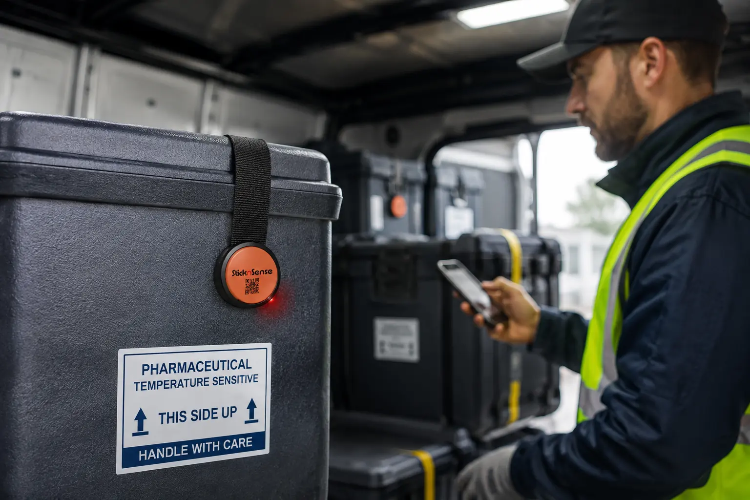 StiknLocate LED tag identifying a reusable pharmaceutical logistics case