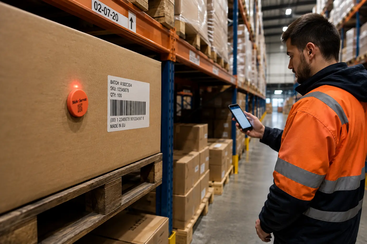 StiknLocate LED tag identifying a carton in a warehouse